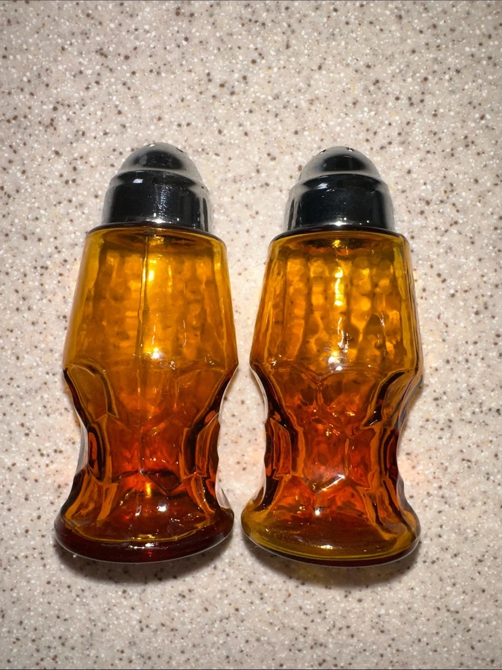 Vintage 1970’s Amber Glass Salt and Pepper Shakers Set with Heavy Chrome Tops